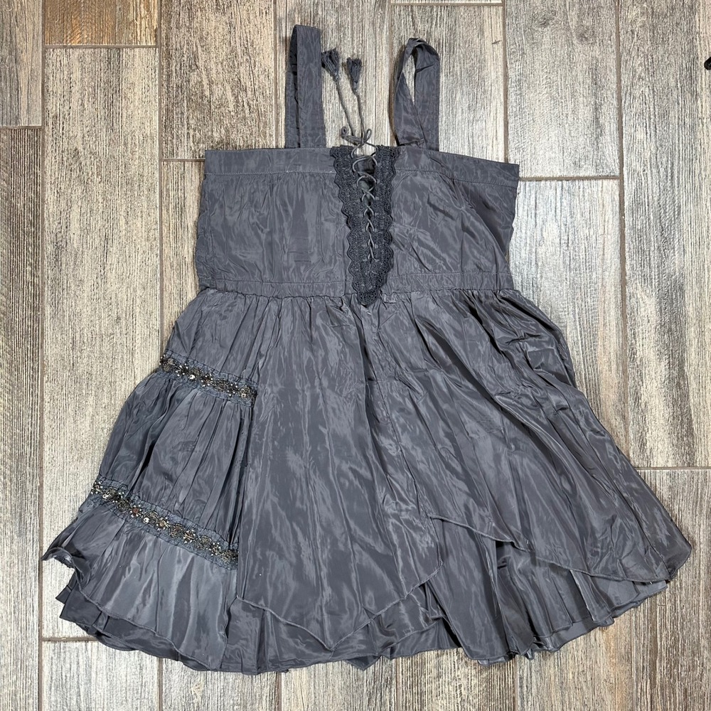 Pretty Angel Dress Womens Large Gray Silk Blend Beaded Ruffle Sleeveless - Picture 9 of 11